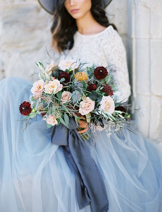 dusty blue wedding dresses burgundy bouquets for dusty blue burgundy blue fall wedding colors